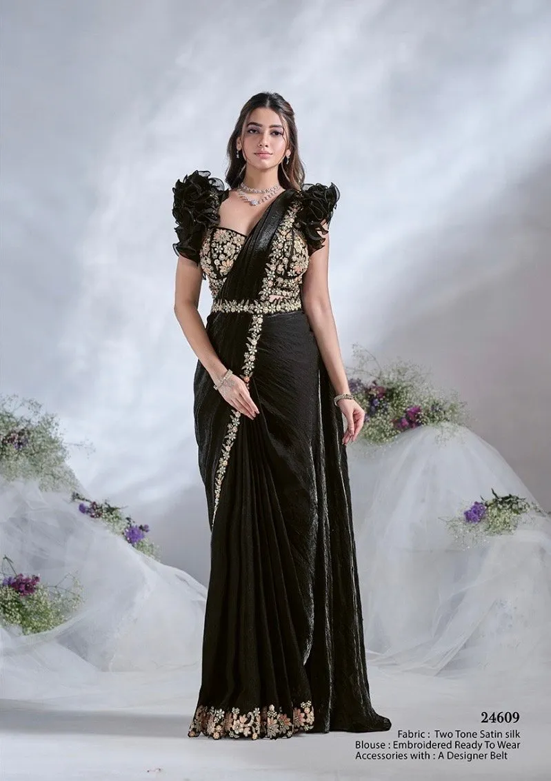 Predrapped Saree Two Tone Satin Silk