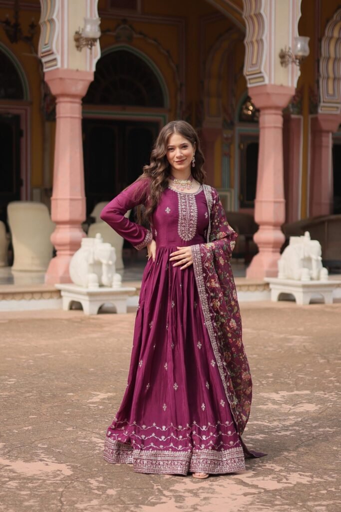 Anarkali Gown Chinon with Rich sequians Embroidered Work