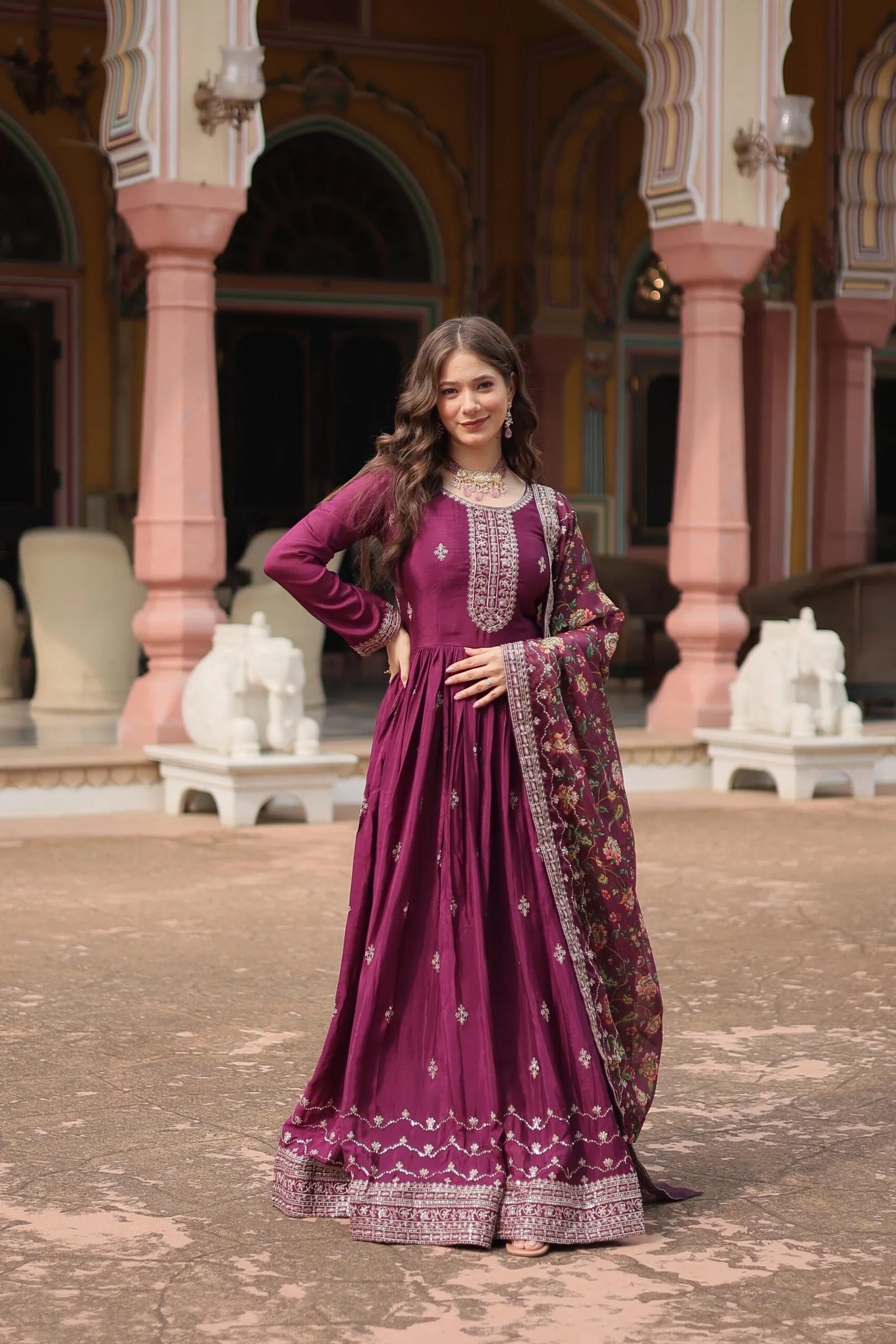 Anarkali Gown Chinon with Rich sequians Embroidered Work