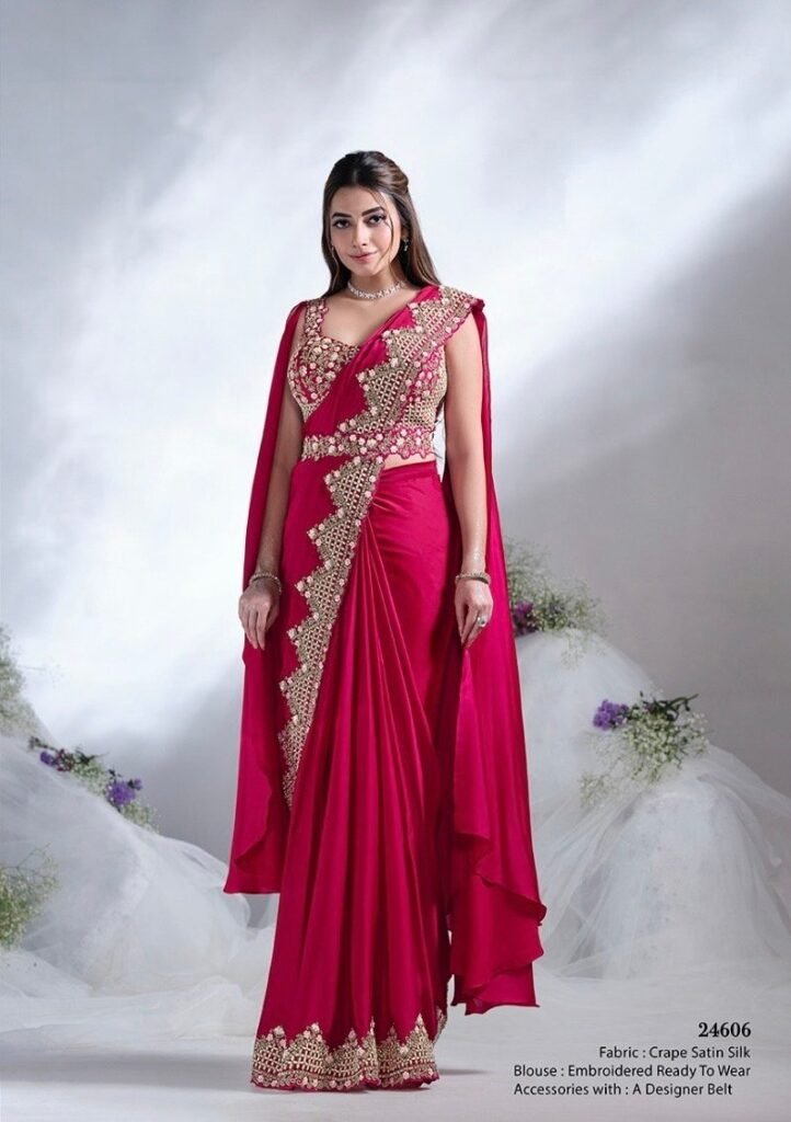 Predrapped Saree Crepe Satin Silk