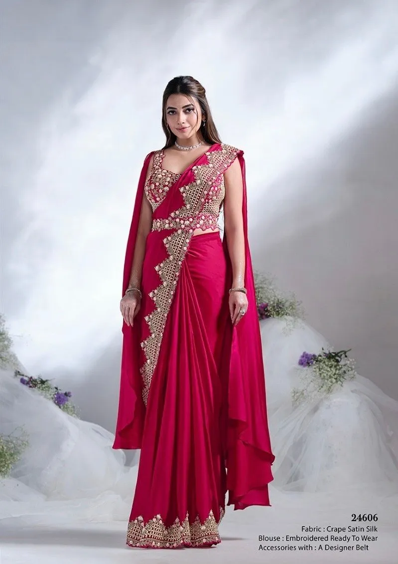 Predrapped Saree Crepe Satin Silk