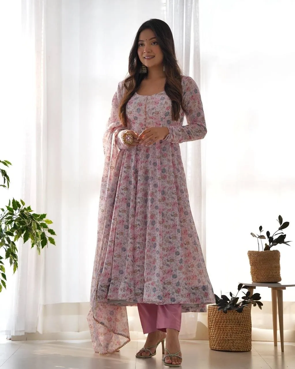 Anarkali Suit Set ORANGE CHIFFON FLORAL PRINT