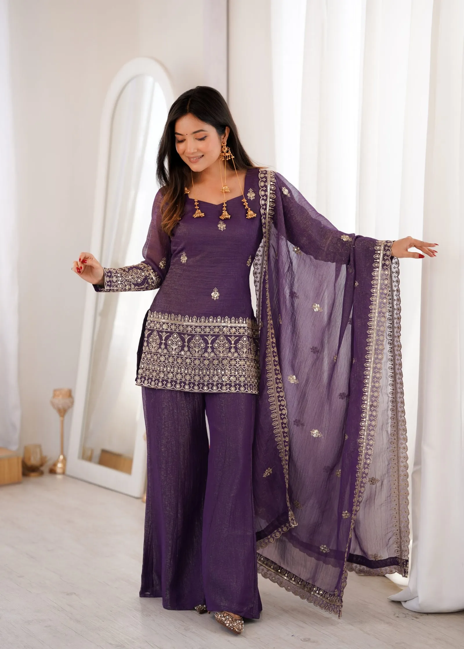Top Bell Bottom Set Crunchy Silk