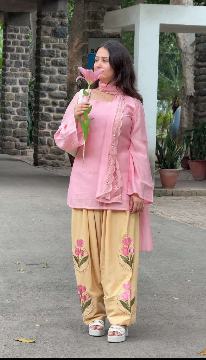 Peach Lotus Embroidered Farsi Salwar Set With Dupatta
