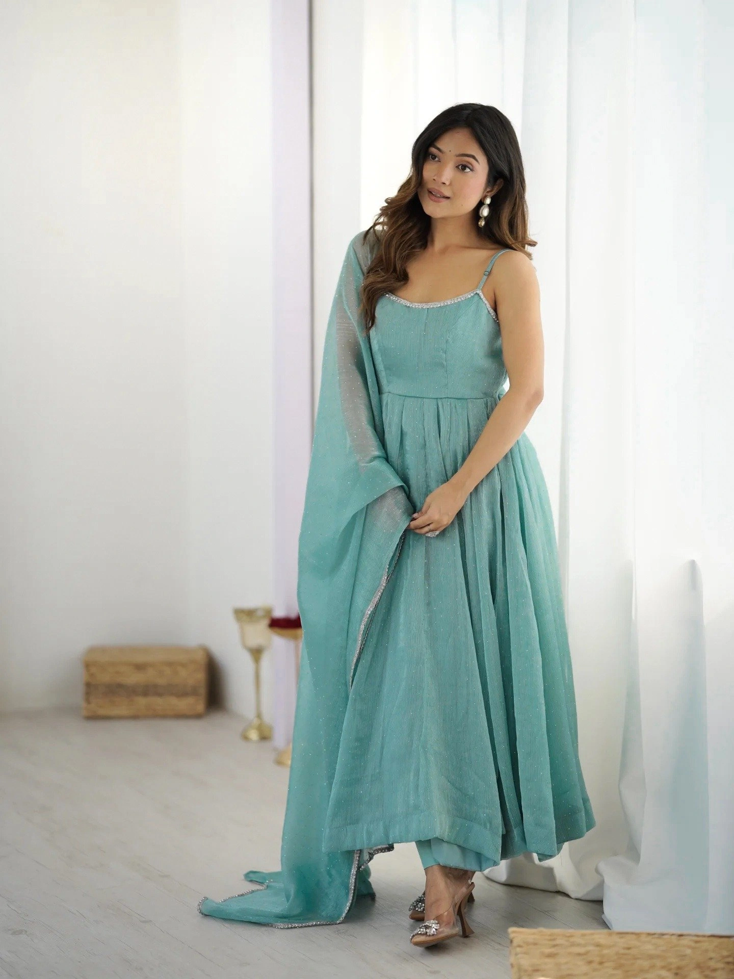 Anarkali Suit Set Crunchy Silk Fabric